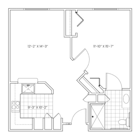 Floor plan for 1 bed, 1 bath, 588 sqft